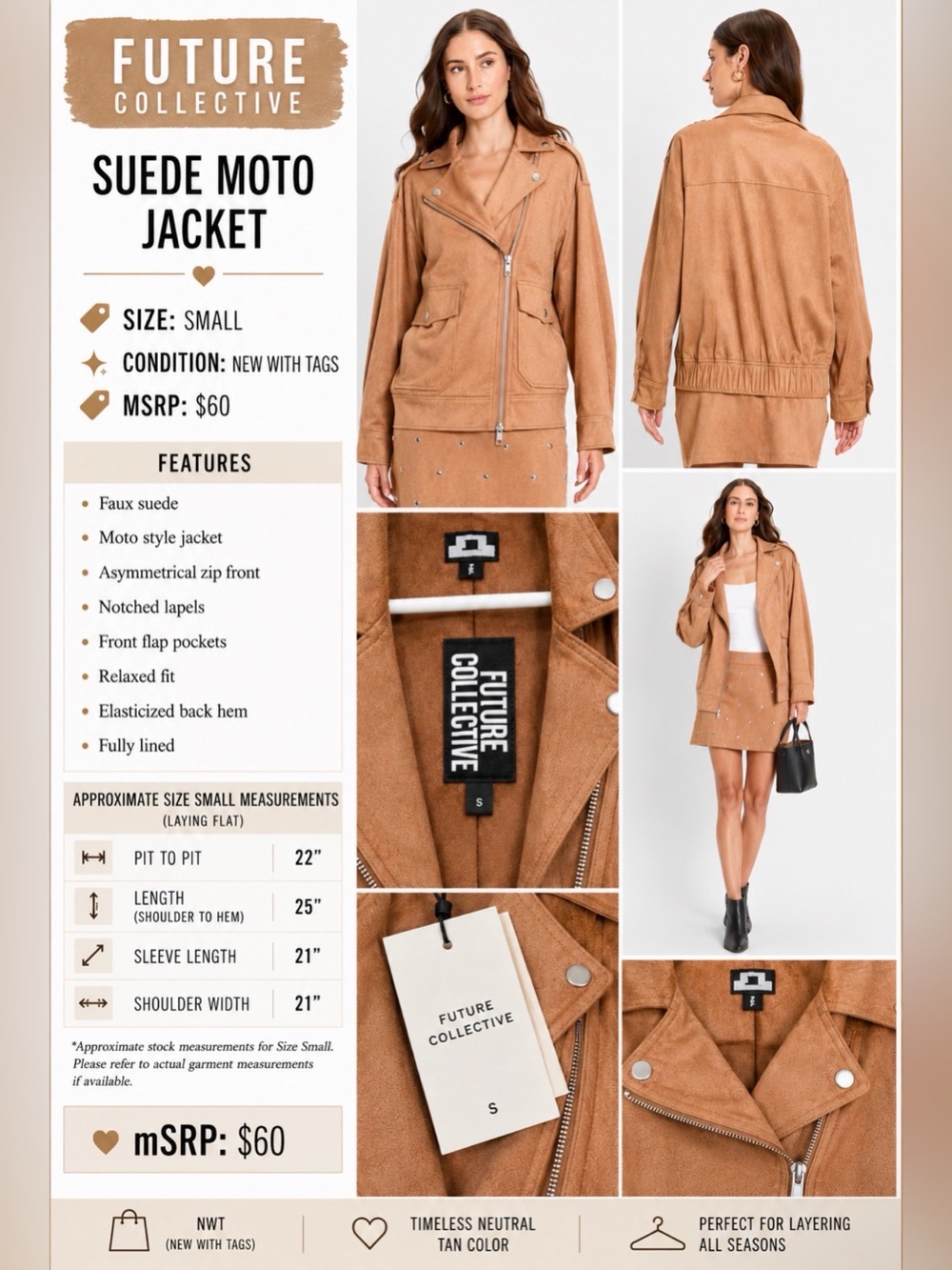 Future Collective Faux Suede Moto Jacket – Women’s Small – NWT – MSRP $60